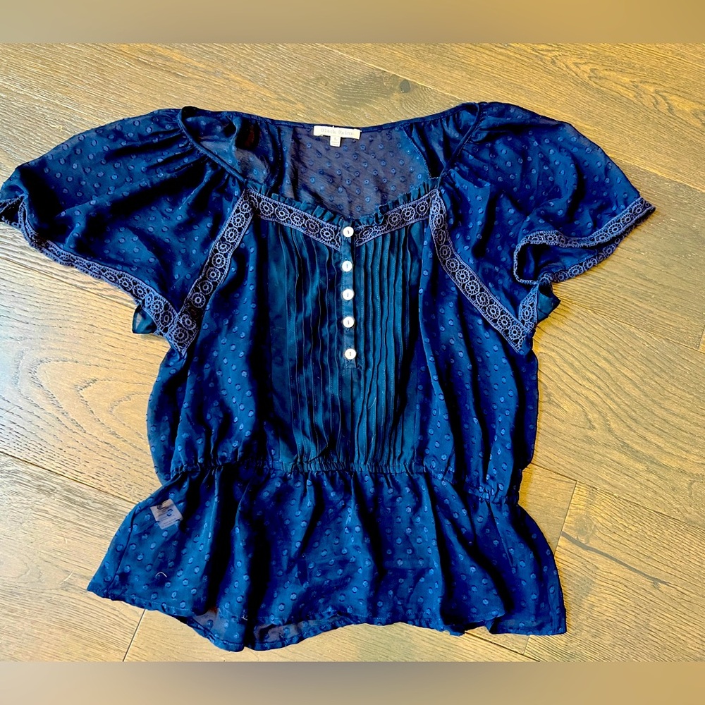Daniel Black Rainn Blue‎ Polka Dot Lace Trim Peplum Blouse Navy Boho Large Swiss